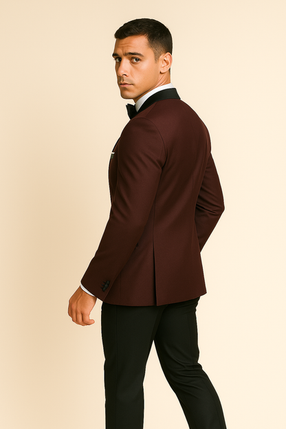 Mens Designer Marbella One Button Peak Tuxedo in Burgundy