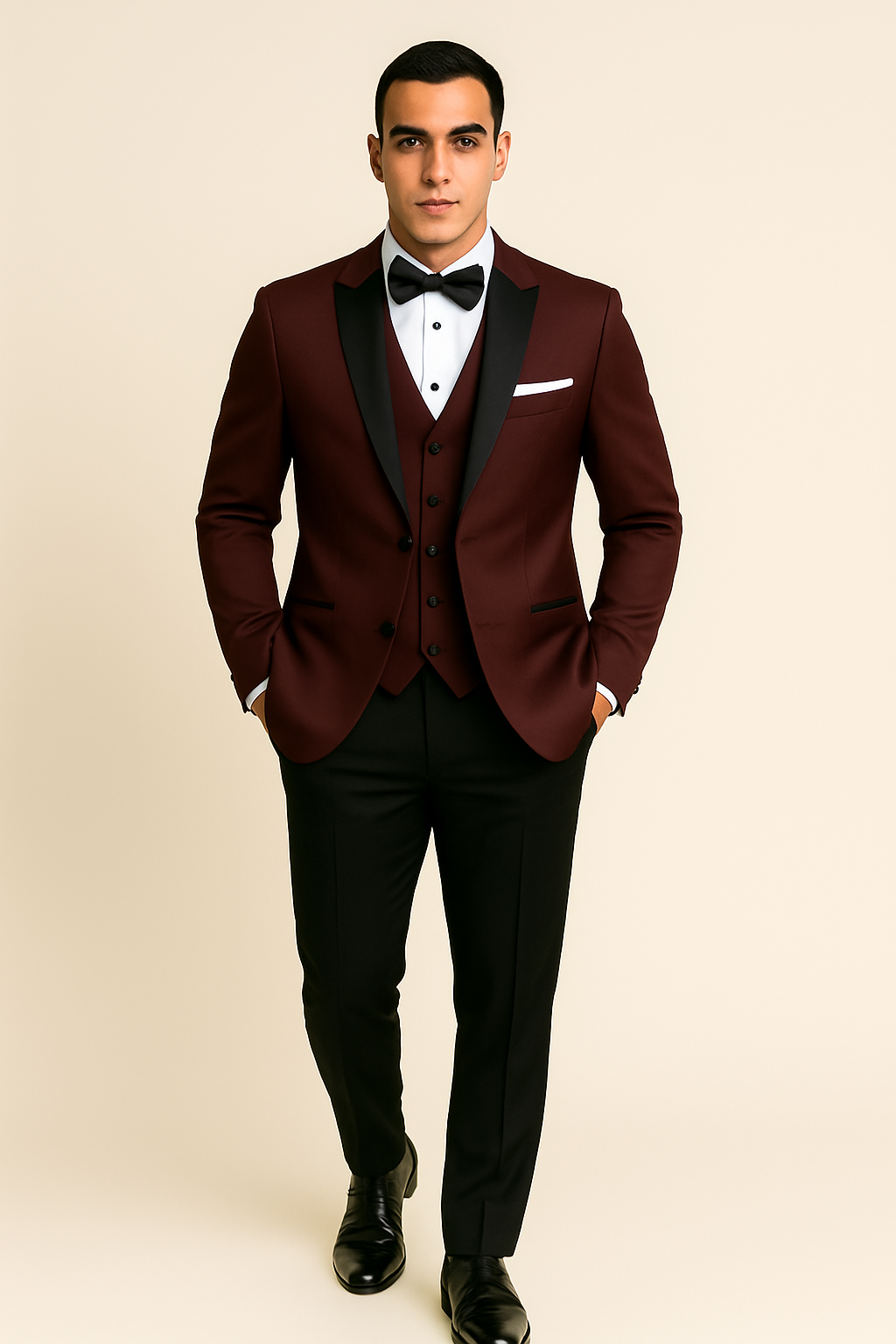 Mens Designer Marbella One Button Peak Tuxedo in Burgundy