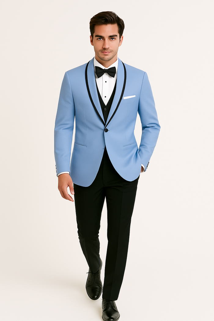 Mens Designer Satin Trim Valencia Tuxedo in Sky Blue
