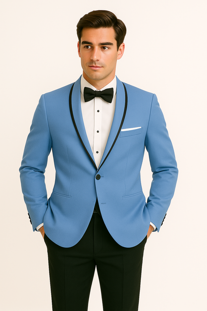 Mens Designer Satin Trim Valencia Tuxedo in Sky Blue