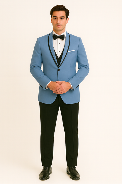 Mens Designer Satin Trim Valencia Tuxedo in Sky Blue