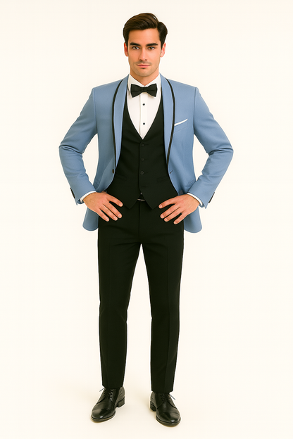 Mens Designer Satin Trim Valencia Tuxedo in Sky Blue