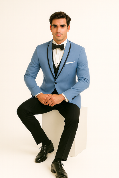 Mens Designer Satin Trim Valencia Tuxedo in Sky Blue