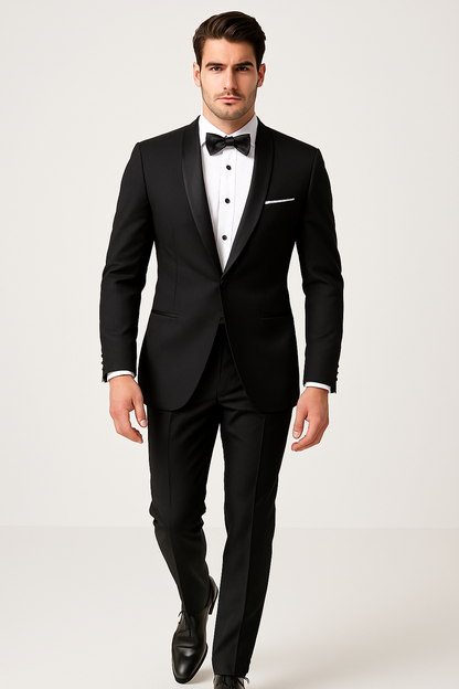 Mens Designer Satin Trim Shawl Waverly Tuxedo in Black