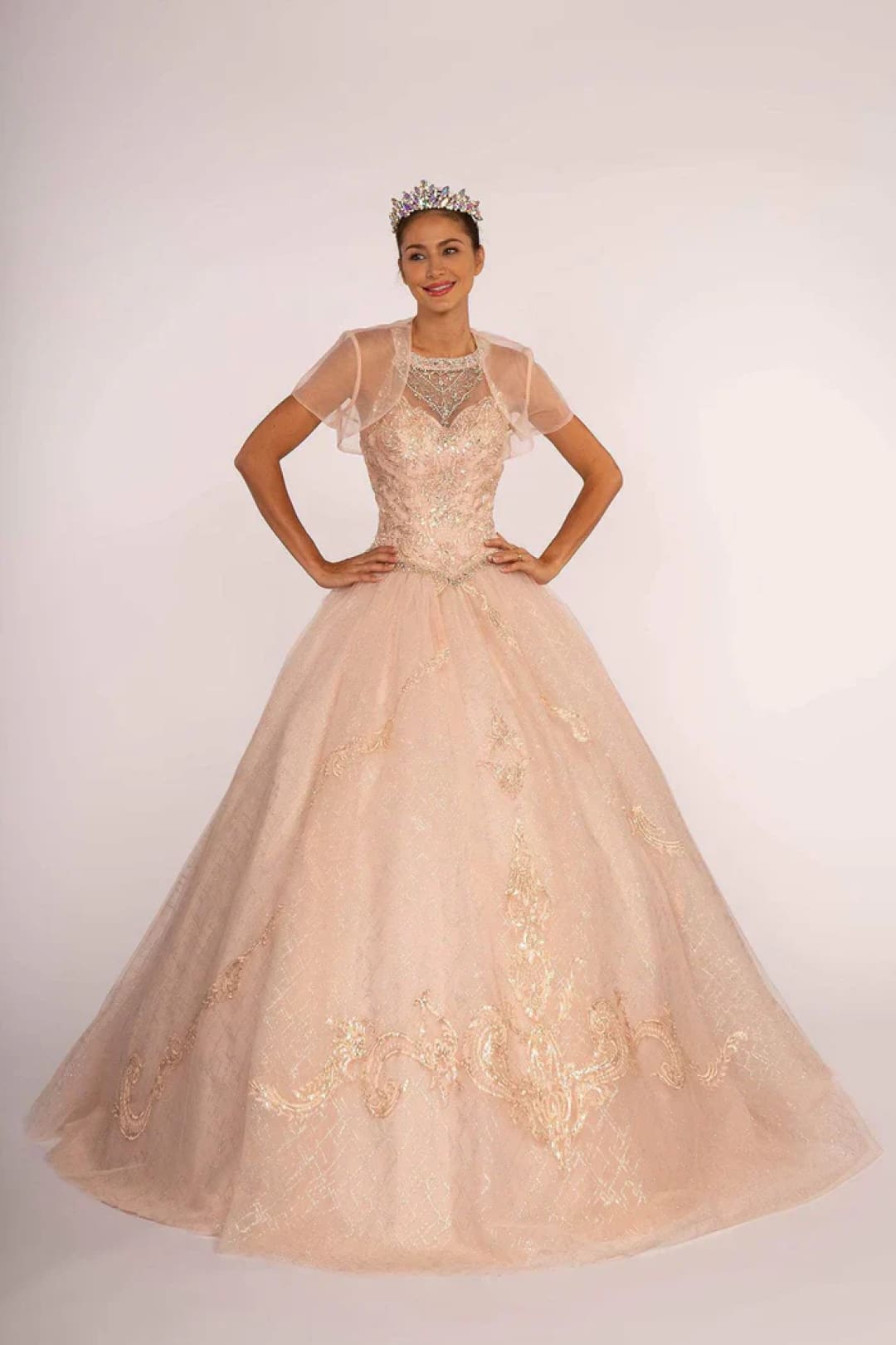 Illusion Sweetheart Glitter Ball Gown with Bolero by Elizabeth K GL2600 - M / Blush - Quinceanera Dresses