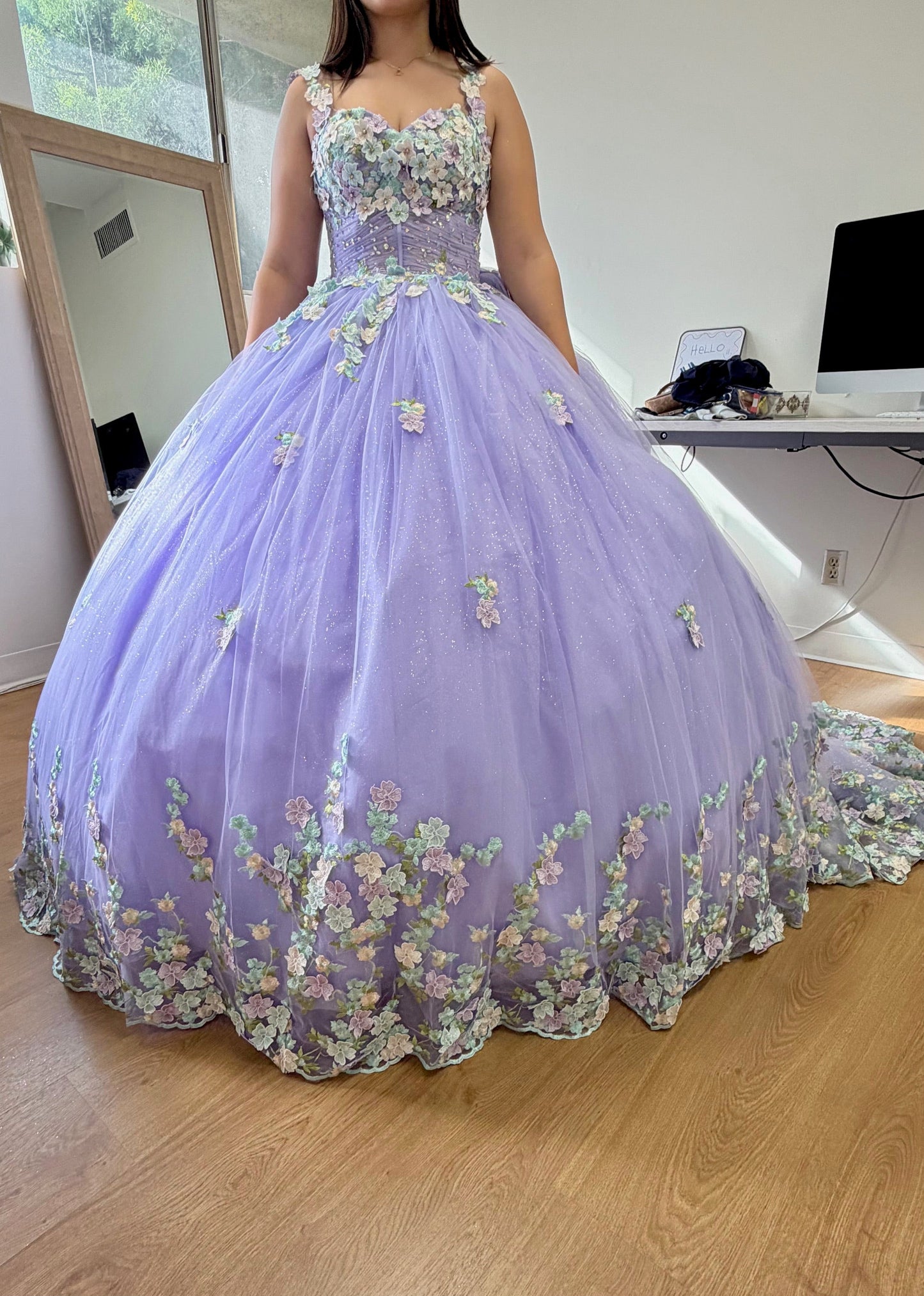 Layla K LK249 Lilac/Multi Floral Spaghetti Strap Quinceanera Gown