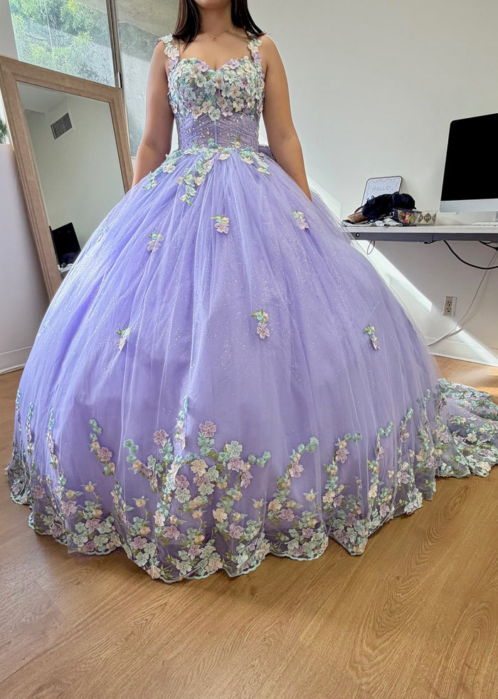 Layla K LK249 Lilac/Multi Floral Spaghetti Strap Quinceanera Gown