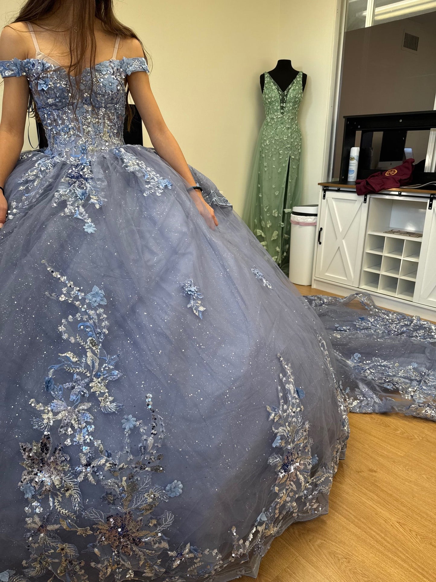 Luxurious Off The Shoulder Quinceañera Ball Gown with 3D Floral Appliqués Glitter Tulle Skirt by Layla K LK286