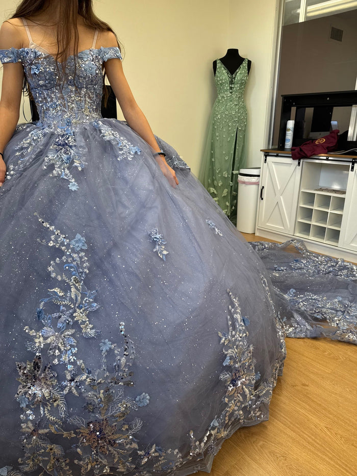 Luxurious Off The Shoulder Quinceañera Ball Gown with 3D Floral Appliqués Glitter Tulle Skirt by Layla K LK286