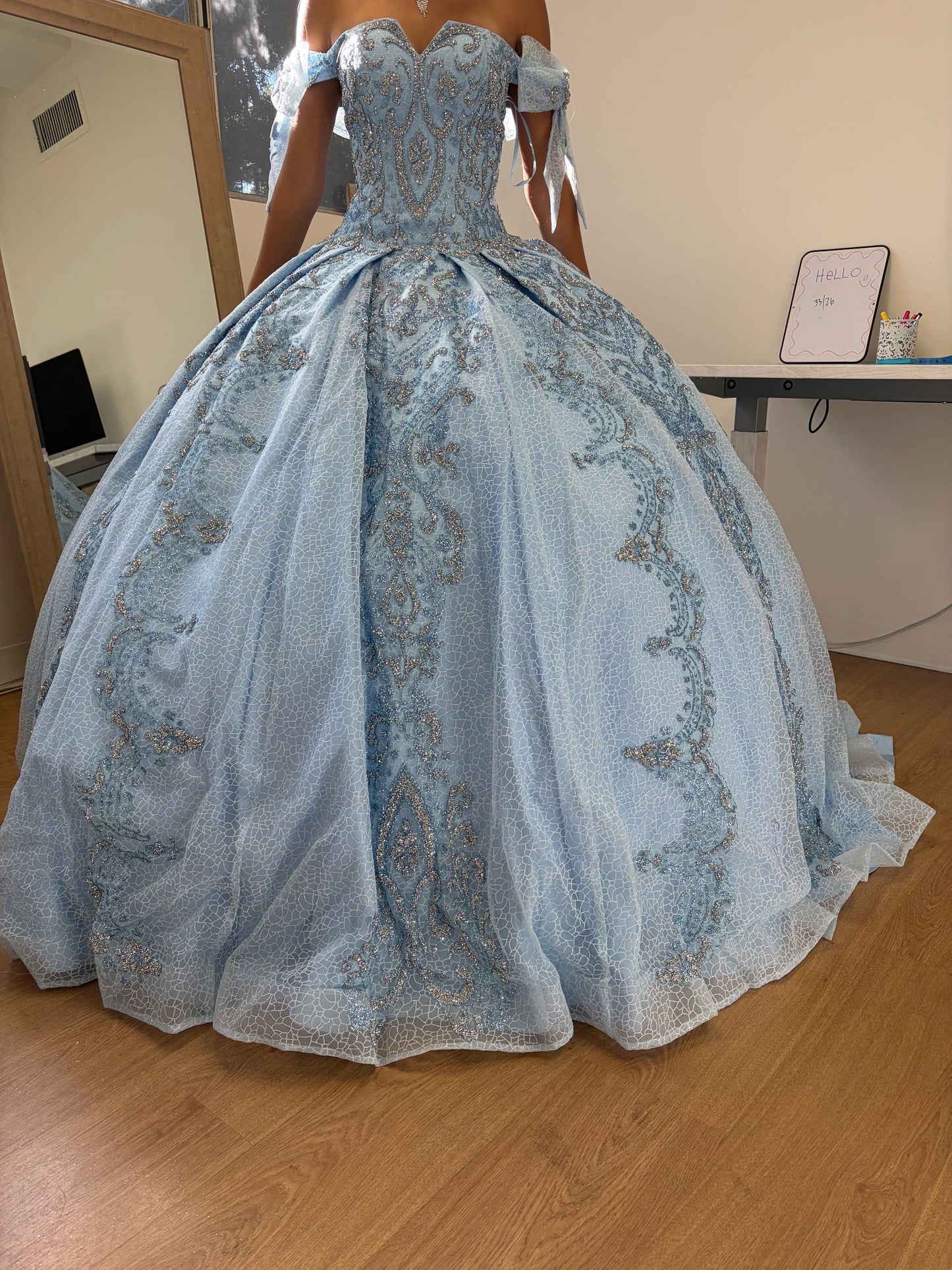 Layla K LK241 Off-Shoulder Glitter Bow Accent Quince Ball Gown