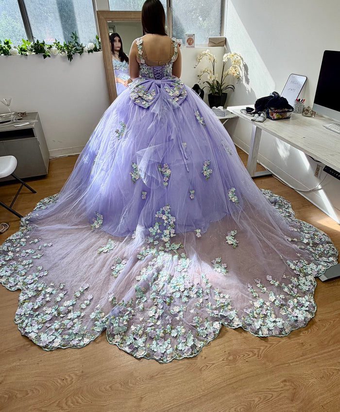 Layla K LK249 Lilac/Multi Floral Spaghetti Strap Quinceanera Gown