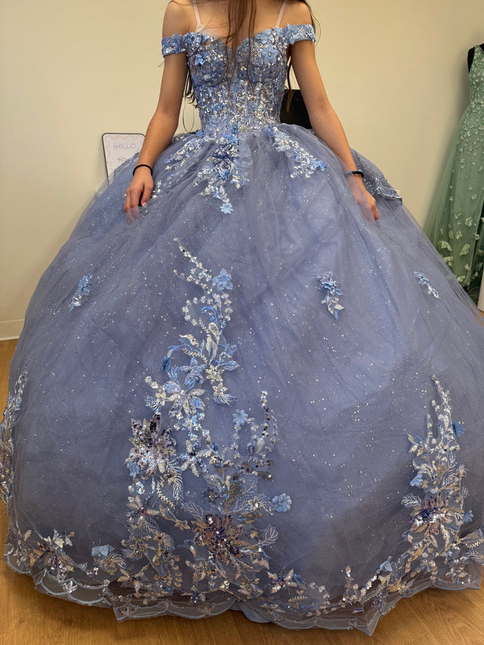Luxurious Off The Shoulder Quinceañera Ball Gown with 3D Floral Appliqués Glitter Tulle Skirt by Layla K LK286