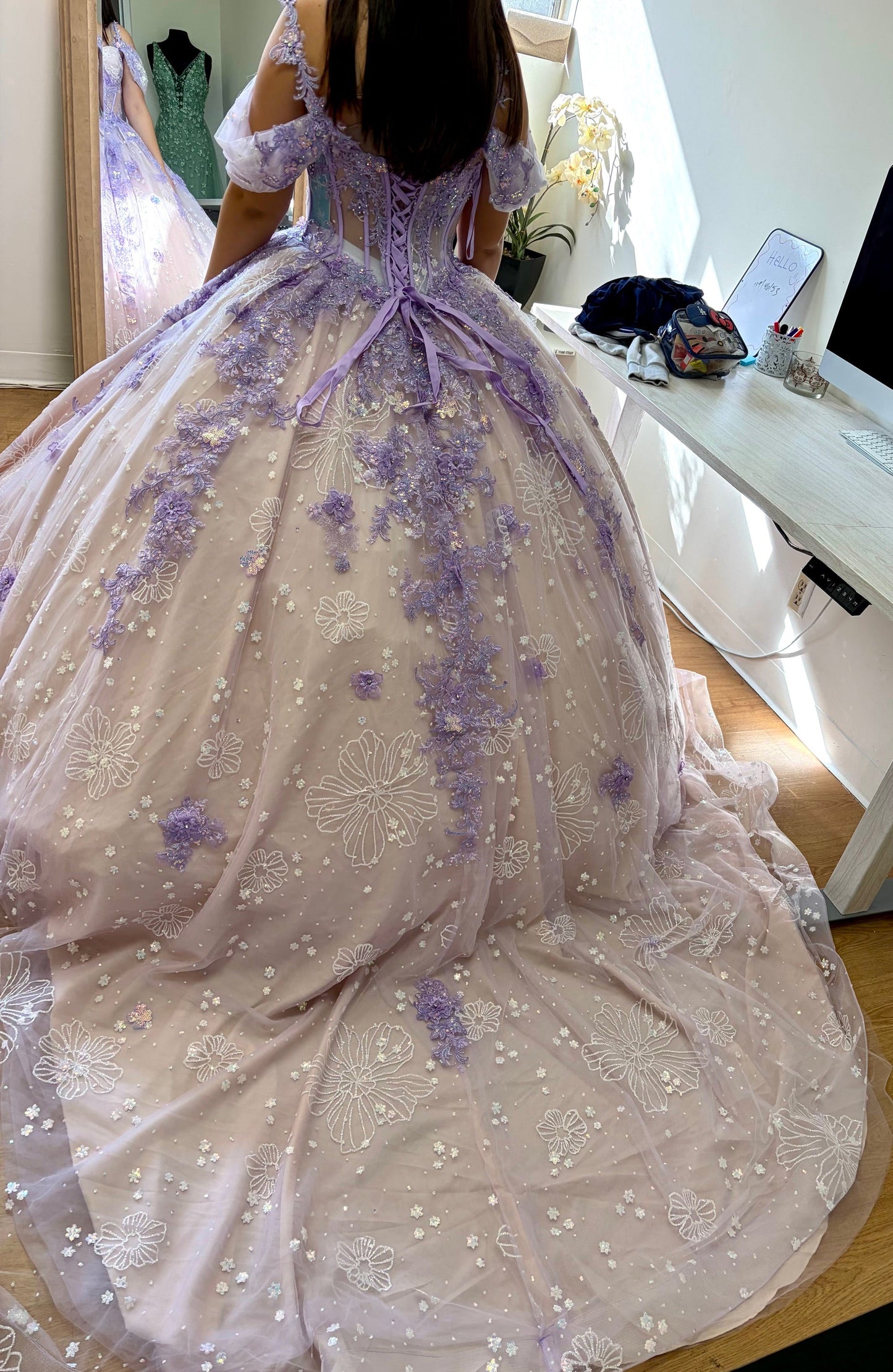 Layla K LK257 Sheer Corset Bodice Lilac/Blush Embellished Quince Gown
