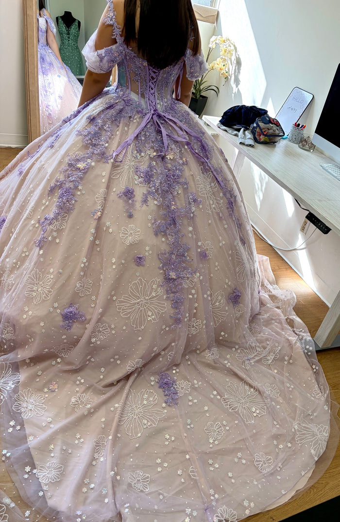 Layla K LK257 Sheer Corset Bodice Lilac/Blush Embellished Quince Gown