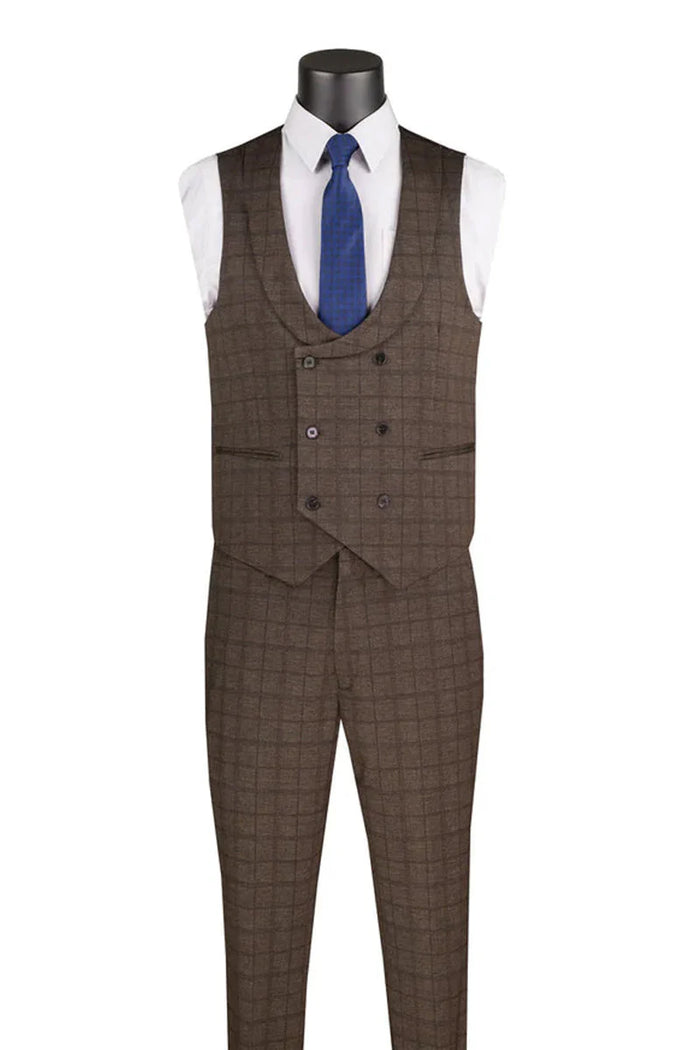 Men’s Brown 3-Piece Slim Fit Suit – 2 Button Peak Lapel Jacket with Double Breasted Vest & Flat Front Pants