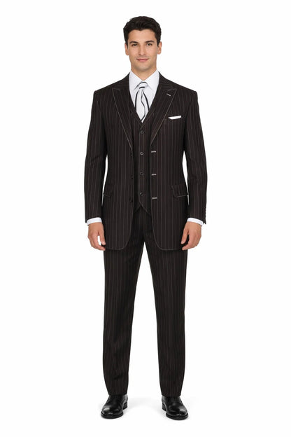 Men’s Vintage Vested Gangster Pinstripe Suit – Black & White 3-Piece Classic Fit
