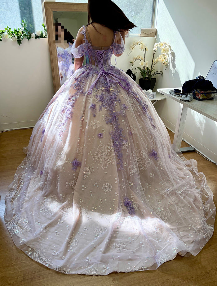 Layla K LK257 Sheer Corset Bodice Lilac/Blush Embellished Quince Gown