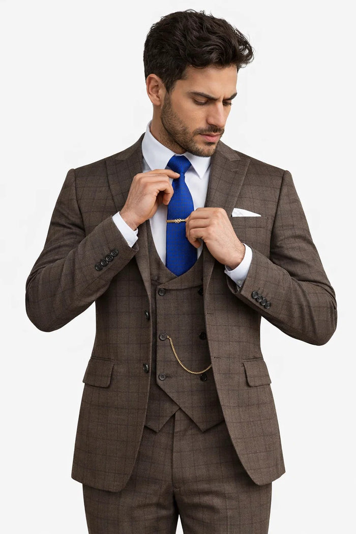 Men’s Brown 3-Piece Slim Fit Suit – 2 Button Peak Lapel Jacket with Double Breasted Vest & Flat Front Pants