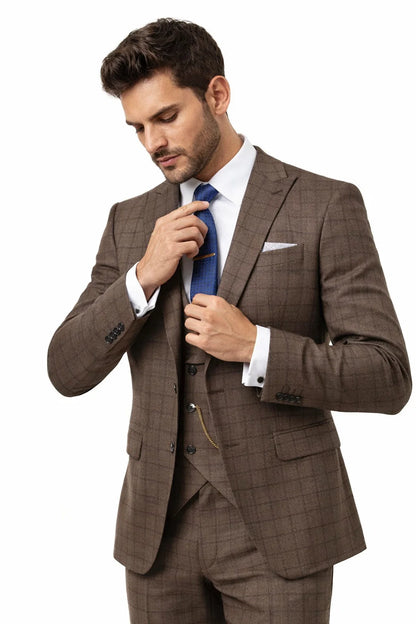 Men’s Brown 3-Piece Slim Fit Suit – 2 Button Peak Lapel Jacket with Double Breasted Vest & Flat Front Pants