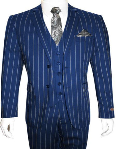 Men's Bold Gangster 1920s Vintage Navy Blue ~ White Gangster Bold Stripe 2 Button Vested Dress Suits For Men