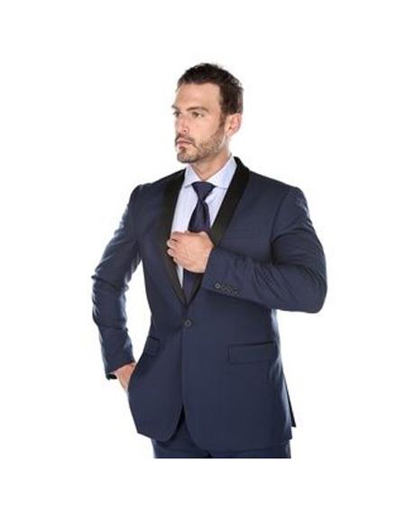 Renoir Suits - Renoir Fashion Mens Shawl Lapel Dark Navy Slim Fit Two-piece Suit