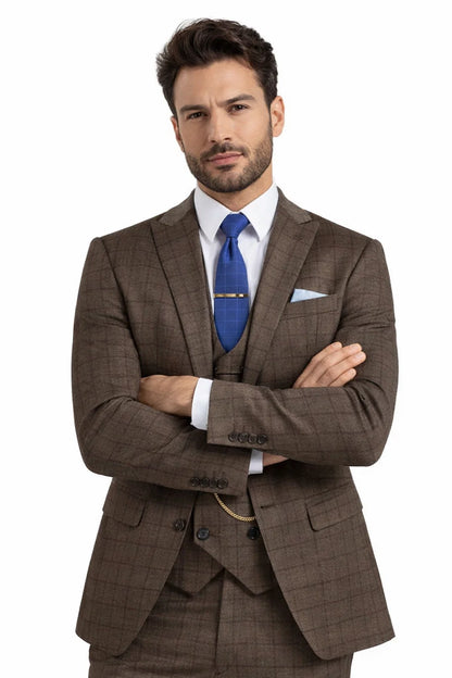 Men’s Brown 3-Piece Slim Fit Suit – 2 Button Peak Lapel Jacket with Double Breasted Vest & Flat Front Pants