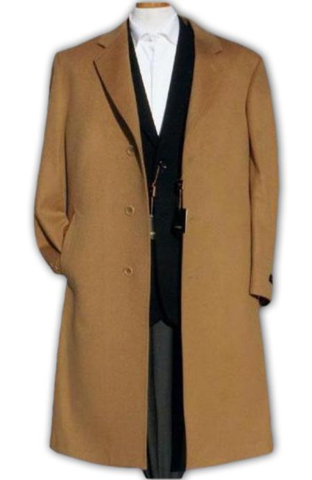 Mens Camel Overcoat  Classic Single Breasted Wool Long Coat with Peak Lapel