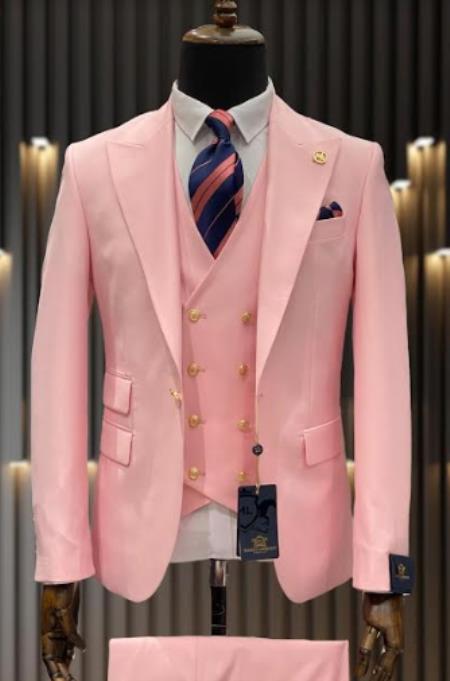 Rossiman Men's Pink Suit ?? 1-Button Peak Lapel Jacket & Double-Breasted Vest