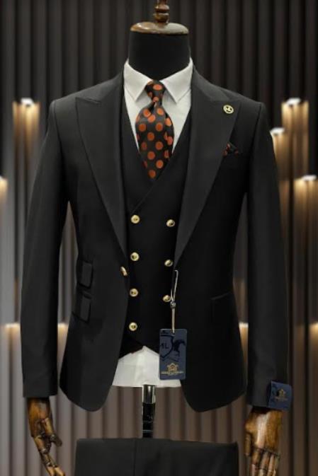 Rossiman Black Suit for Men ?? Classic 1-Button Peak Lapel Jacket & Double-Breasted Vest