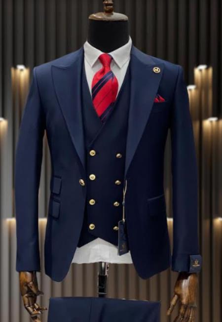 Rossiman Navy Blue Suit for Men ƒ?? Classic 1-Button Peak Lapel Jacket & Double-Breasted Vest