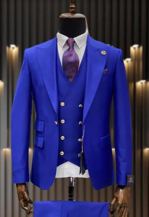 Rossiman Royal Blue Suit for Men ?? Classic 1-Button Peak Lapel Jacket & Double-Breasted Vest