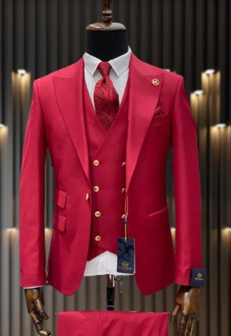 Rossiman Men's Red Suit ƒ?? Stylish 1-Button Peak Lapel Jacket & Double-Breasted Vest