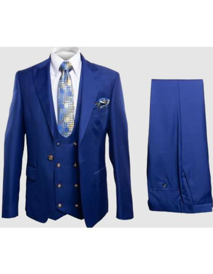 Rossiman Men??s Royal Blue Slim Fit Suit ?? Sophisticated Double-Breasted Design