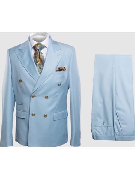 Rossiman Men's Light Blue Slim Fit Suit - Elegant Double-Breasted Design