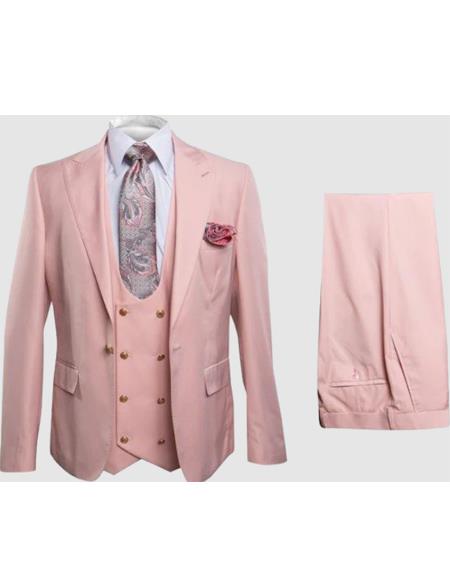 Rossiman Men's Slim Fit Pink Suit ?? Elegant Double-Breasted Vest & Tailored Flat Front Pants