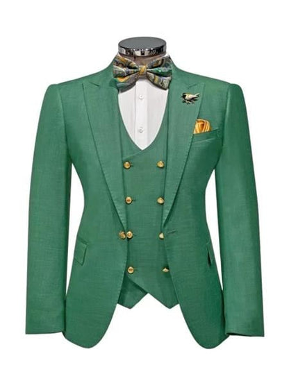 Men??s Green Slim Fit Suit by Rossiman ?? Stylish Double-Breasted Vest & Flat Front Pants