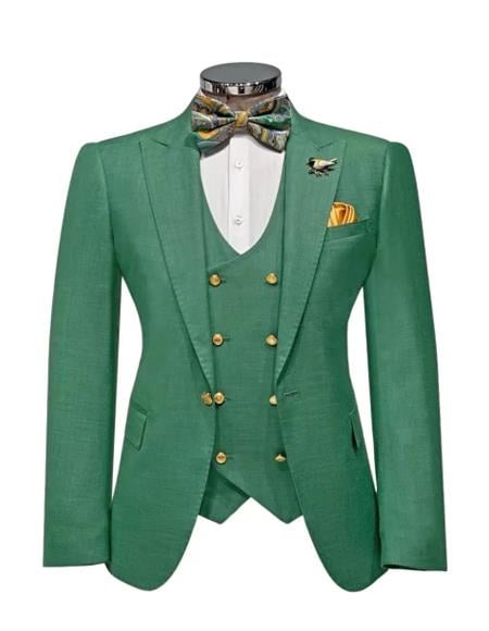 Men??s Green Slim Fit Suit by Rossiman ?? Stylish Double-Breasted Vest & Flat Front Pants