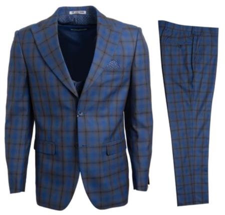 Mens Two Button Peak Lapel Windowpane Pattern Blue ~ Brown