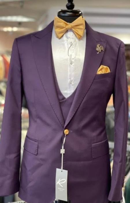 Rossiman Mens Plum Purple Suit - Gold Buttoned Double-Breasted Elegance