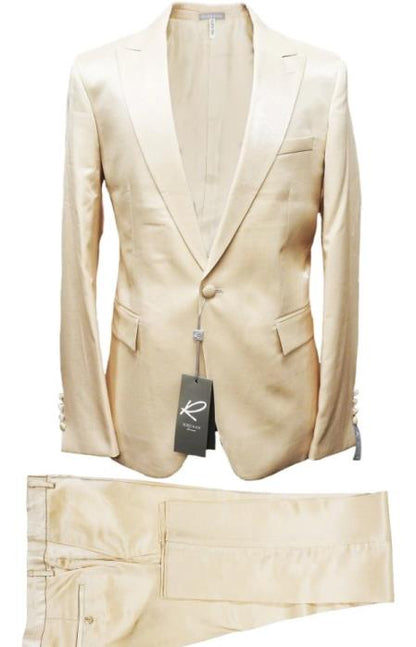 Rossiman Men??s Cream Sateen Suit ?? Elegant Glossy Formalwear
