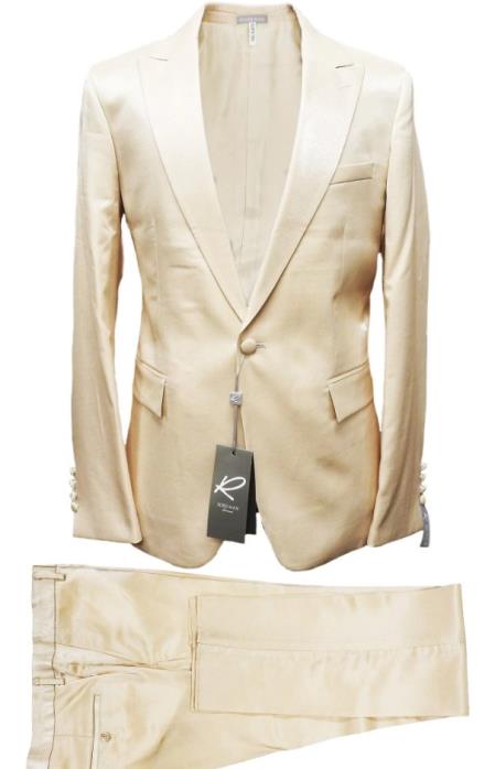 Rossiman Men's Cream Sateen Suit - Elegant Glossy Formalwear