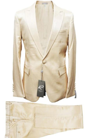 Rossiman Menƒ??s Cream Sateen Suit ƒ?? Elegant Glossy Formalwear