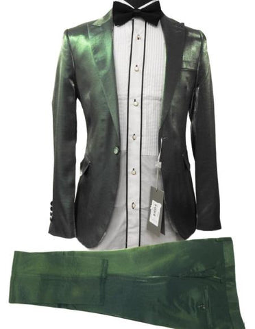Rossiman Menƒ??s Green Sateen Suit ƒ?? Glossy Finish with Modern Flair