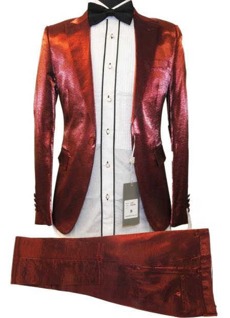 Rossiman Men??s Red Sateen Suit ?? Glossy Finish Bold Formalwear