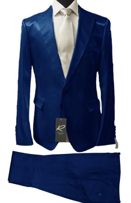 Rossiman Men's Royal Blue Glossy Sateen Suit - Bold & Refined Look