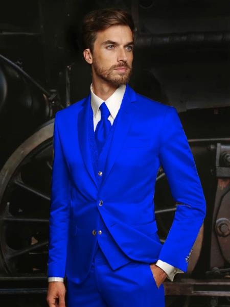 Mens Shiny Blazer - Royal Sateen Vested Suit
