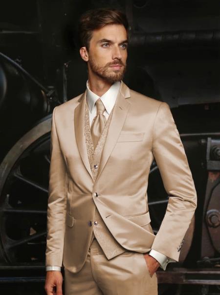 Mens Shiny Blazer + Pants + Vest Champaign Color - Tan Sateen Vested Suit