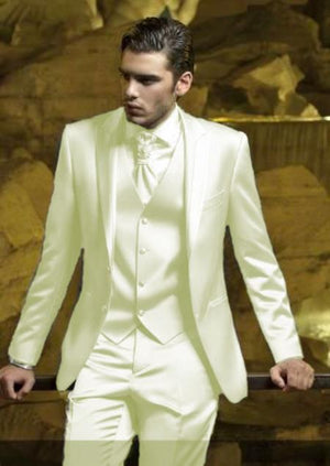 Mens Shiny Blazer - Ivory Sateen Vested Suit