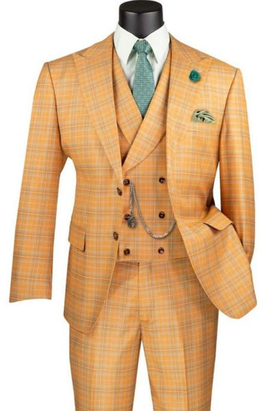 34 Orange Plaid Suit - Vested Suit - 3 Piece Suits - Peak Lapel Suits ...