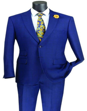 Plaid Suits - Windowpane Blue Suit - Peak Lapel Style